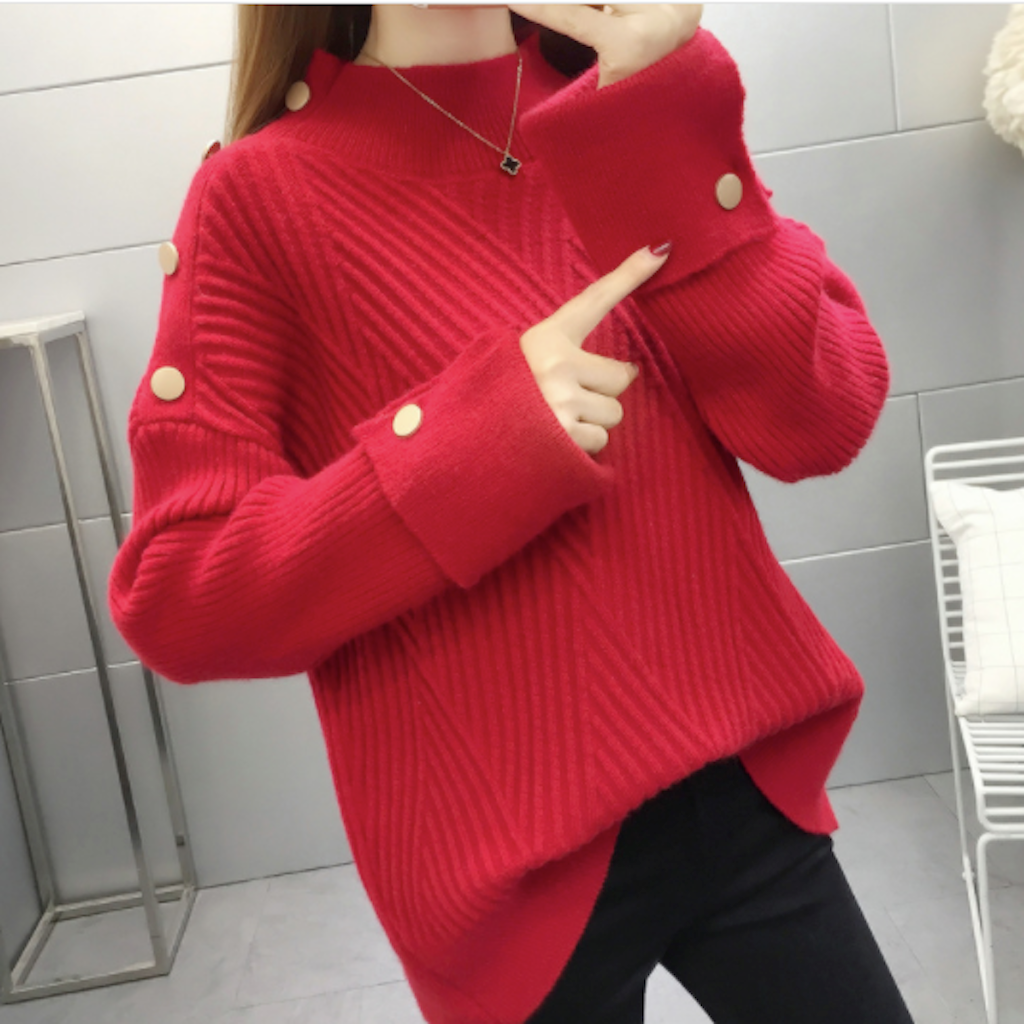 Button-Detailed Women's Sweater with a High Neckline
