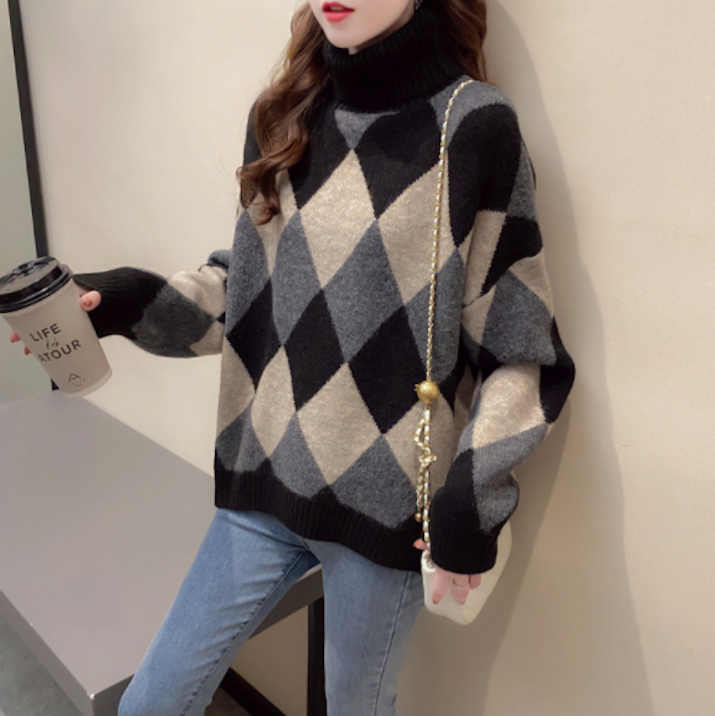 Turtleneck Sweater for Women with Argyle Design