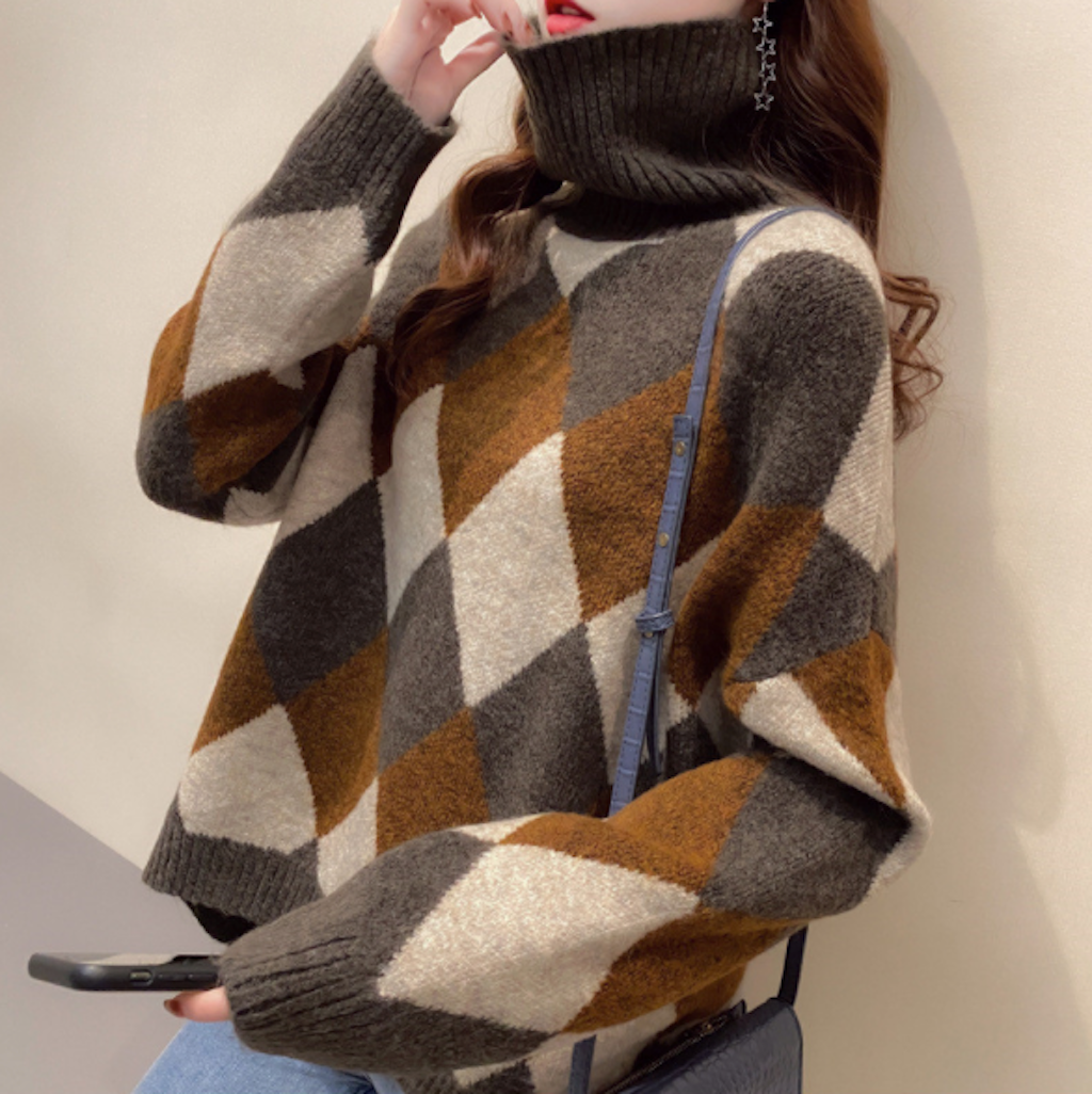 Turtleneck Sweater for Women with Argyle Design