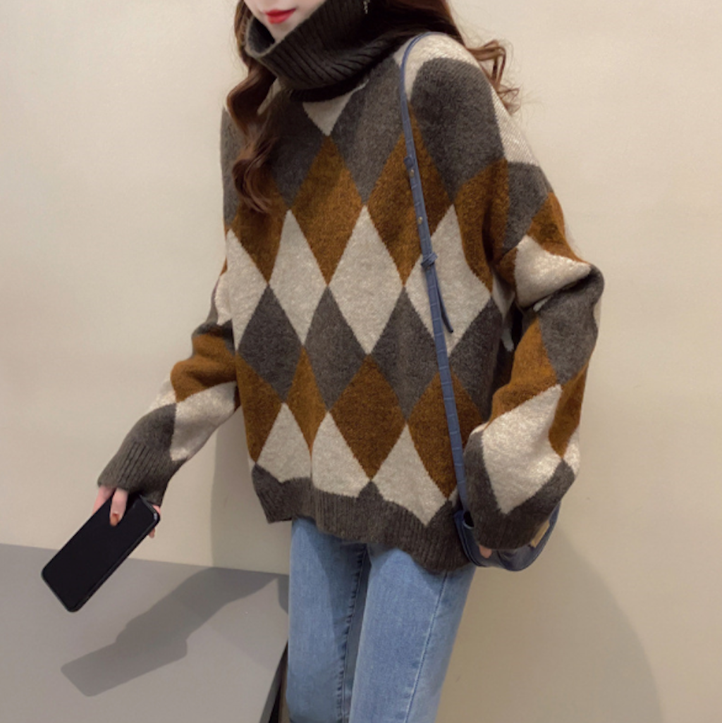 Turtleneck Sweater for Women with Argyle Design