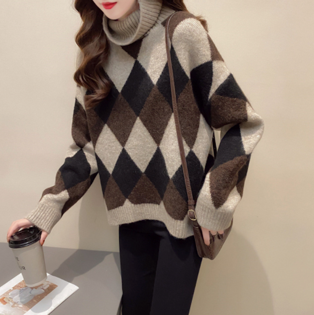 Turtleneck Sweater for Women with Argyle Design