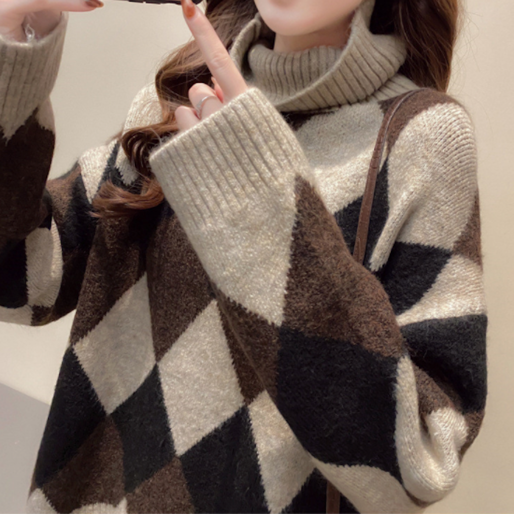 Turtleneck Sweater for Women with Argyle Design