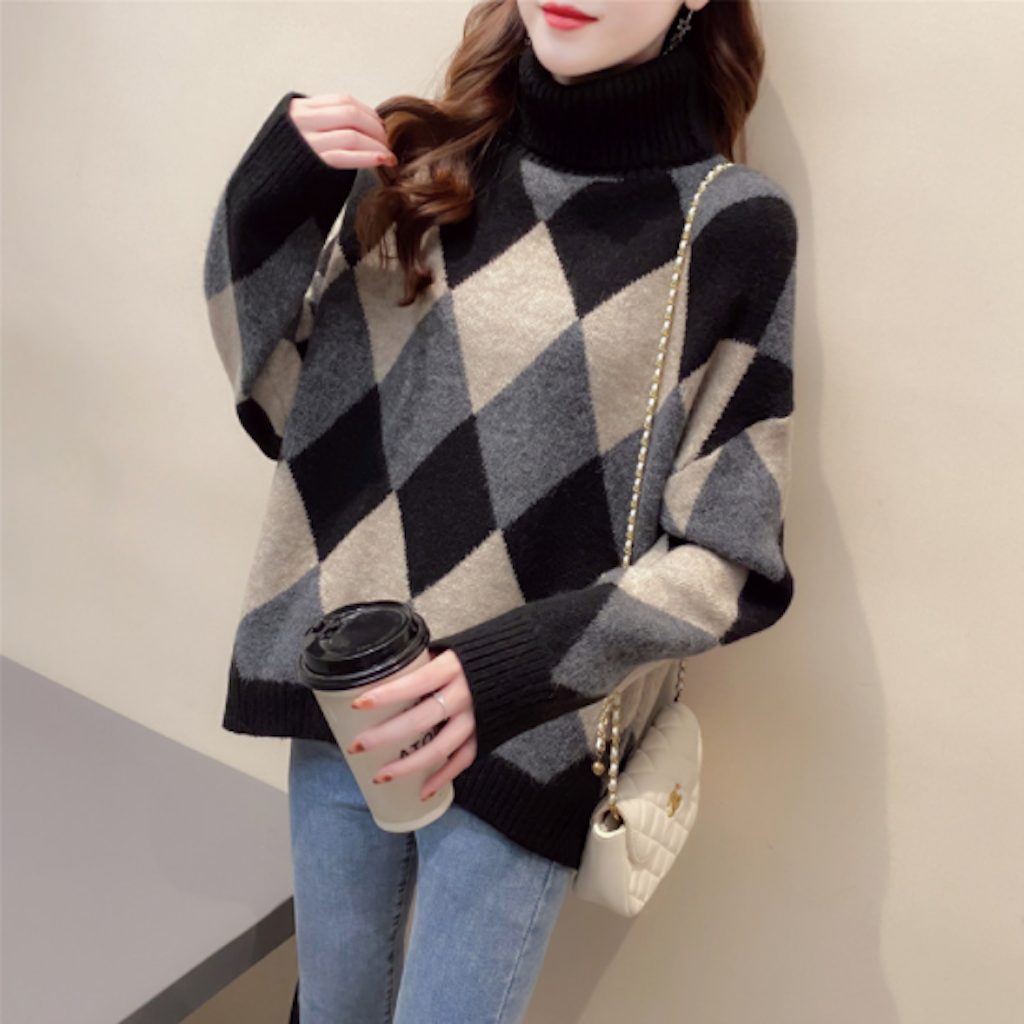Turtleneck Sweater for Women with Argyle Design