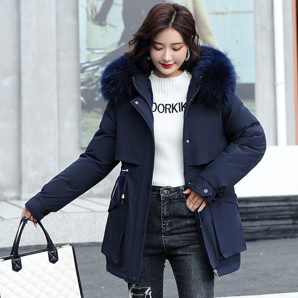 Faux Fur Hooded Women's Jacket with Adjustable Waist Tie