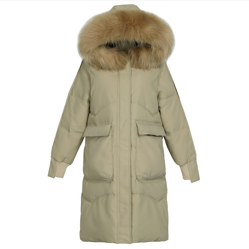 Furry Hooded Zip-Up Jacket for Women with Spacious Pockets and Mid-Length Cut
