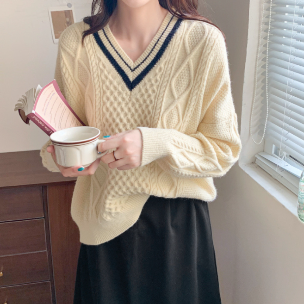 Women's Sweater with Cable-Knit Design and V-Neckline