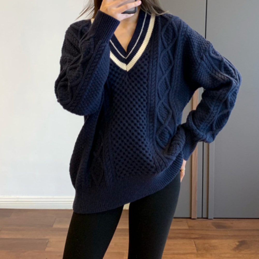 Women's Sweater with Cable-Knit Design and V-Neckline