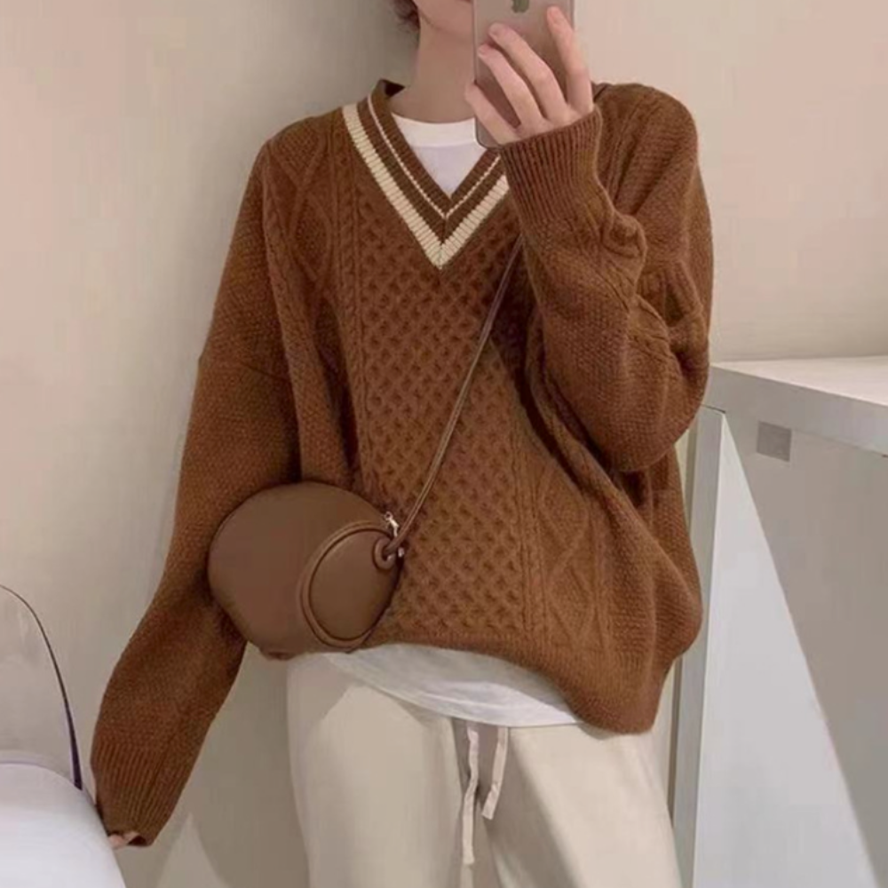 Women's Sweater with Cable-Knit Design and V-Neckline