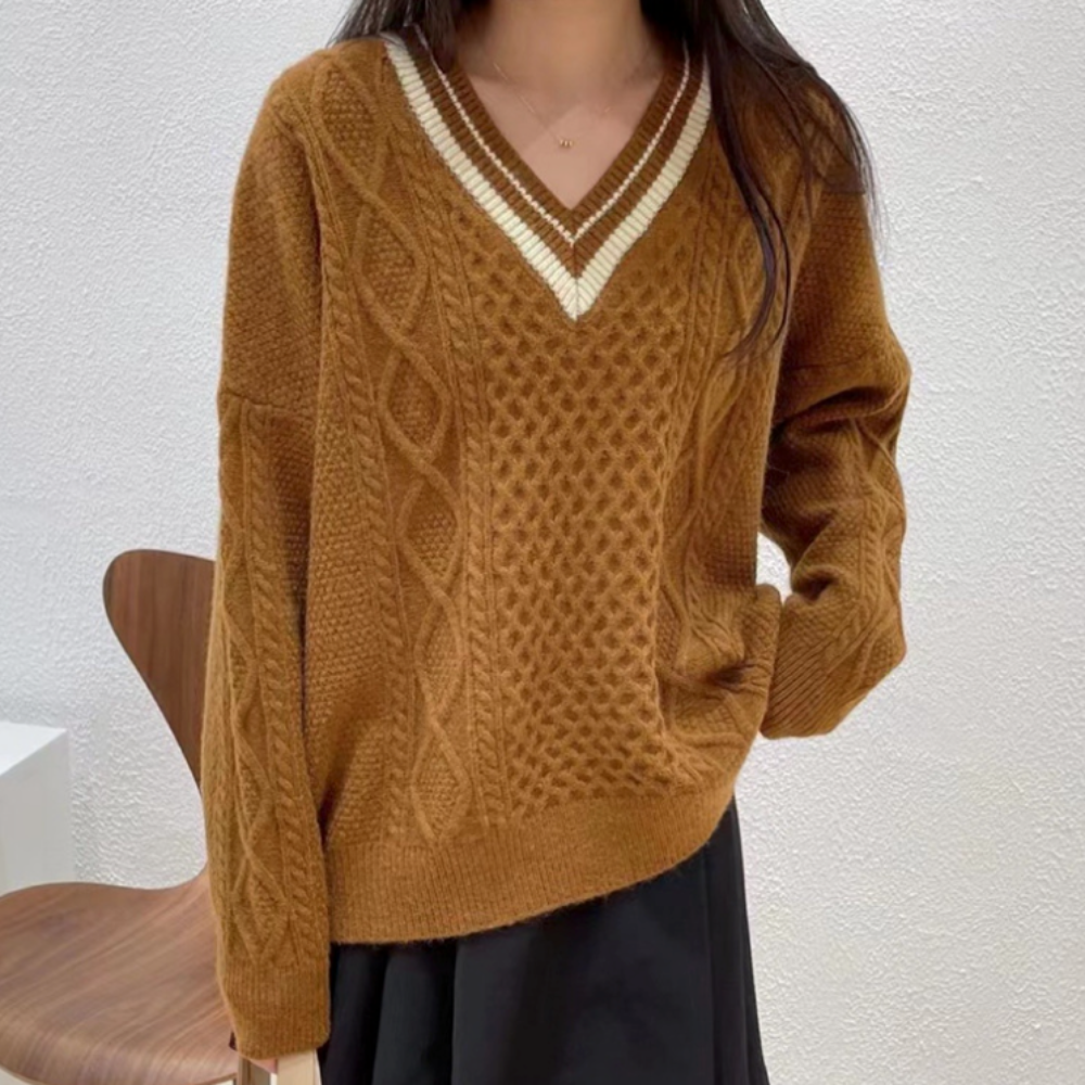 Women's Sweater with Cable-Knit Design and V-Neckline
