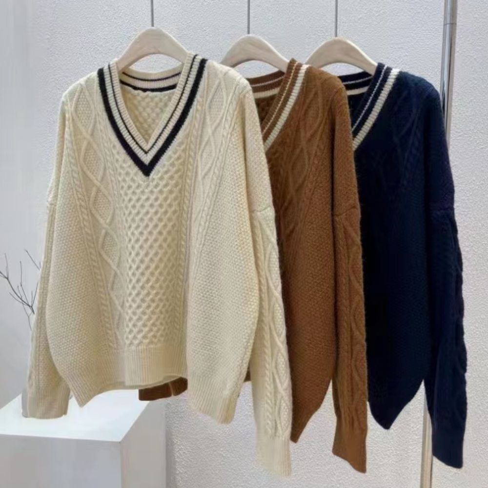 Women's Sweater with Cable-Knit Design and V-Neckline