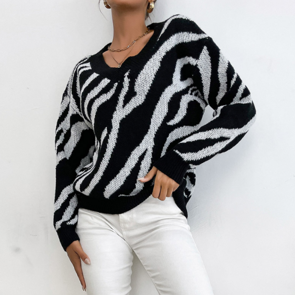 Zebra Patterned Round Neck Women's Sweater