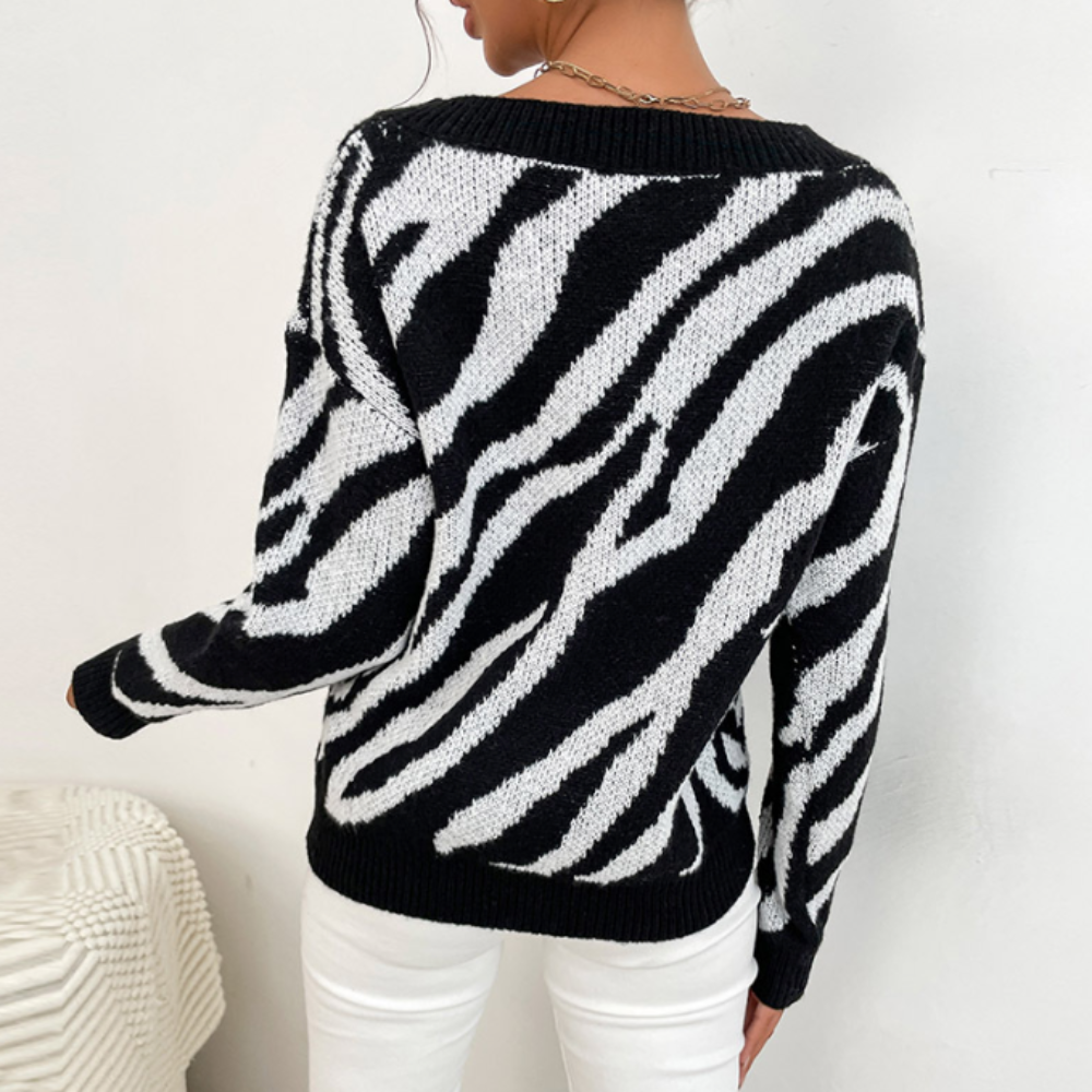 Zebra Patterned Round Neck Women's Sweater