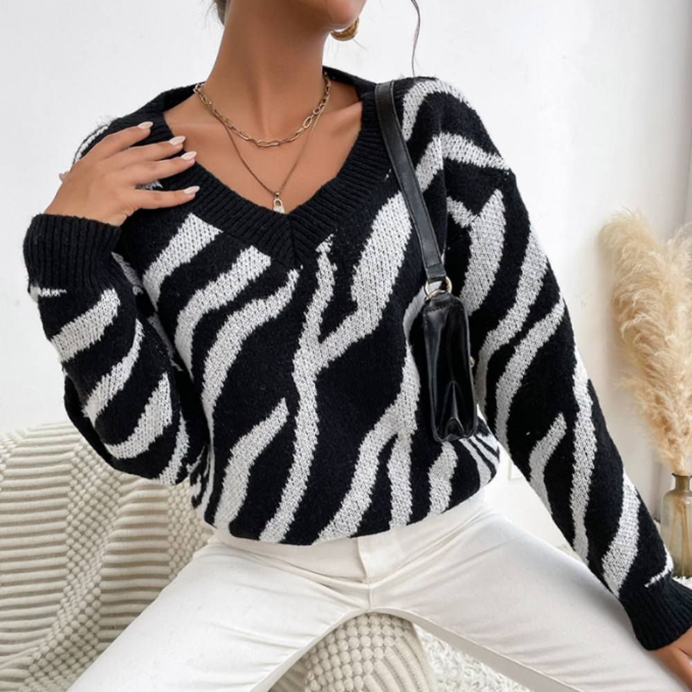 Zebra Patterned Round Neck Women's Sweater