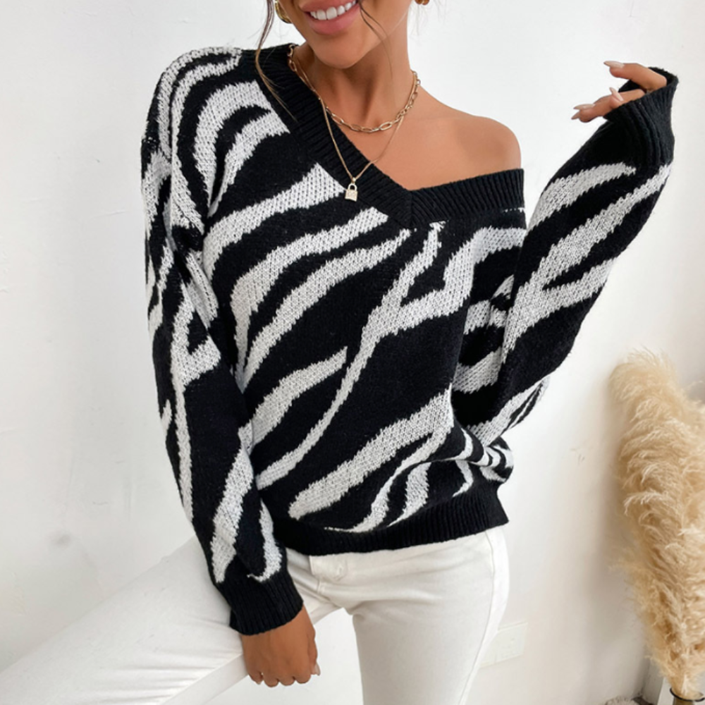 Zebra Patterned Round Neck Women's Sweater