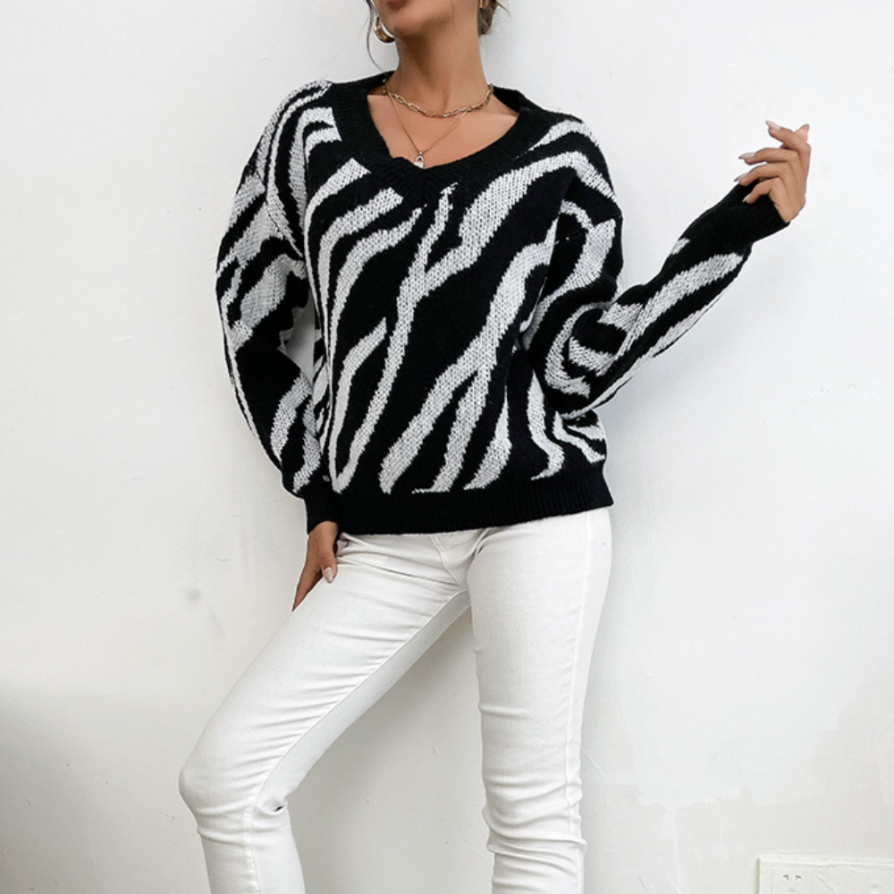 Zebra Patterned Round Neck Women's Sweater