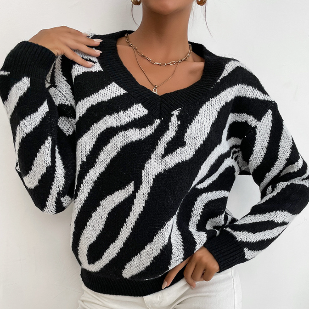 Zebra Patterned Round Neck Women's Sweater