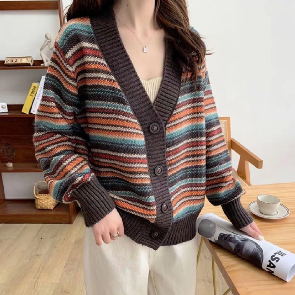 Striped Cardigan for Women with Button Front