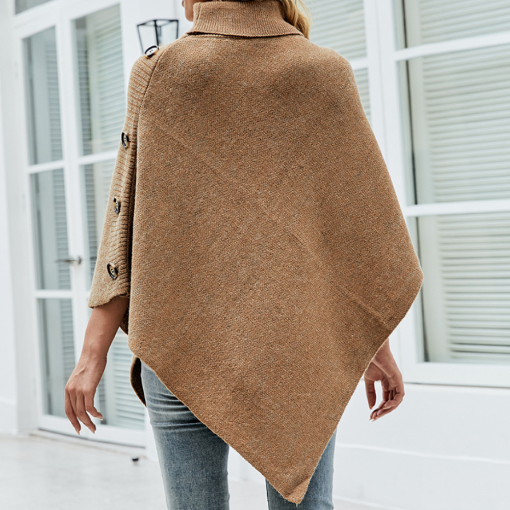 Side Button Detailed Turtleneck Poncho for Women