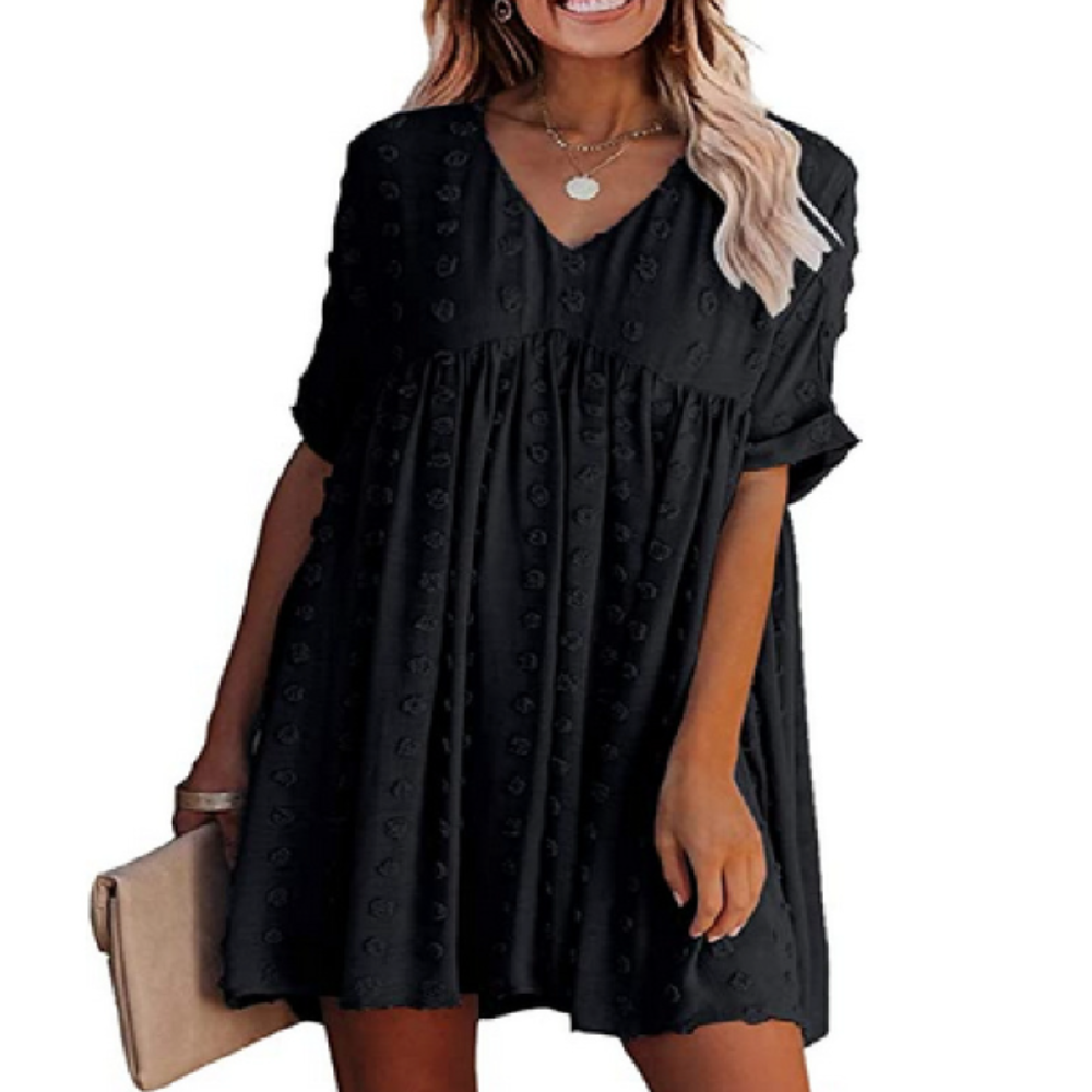 Flowy Short-Sleeved Dress for Women with a V-Neckline