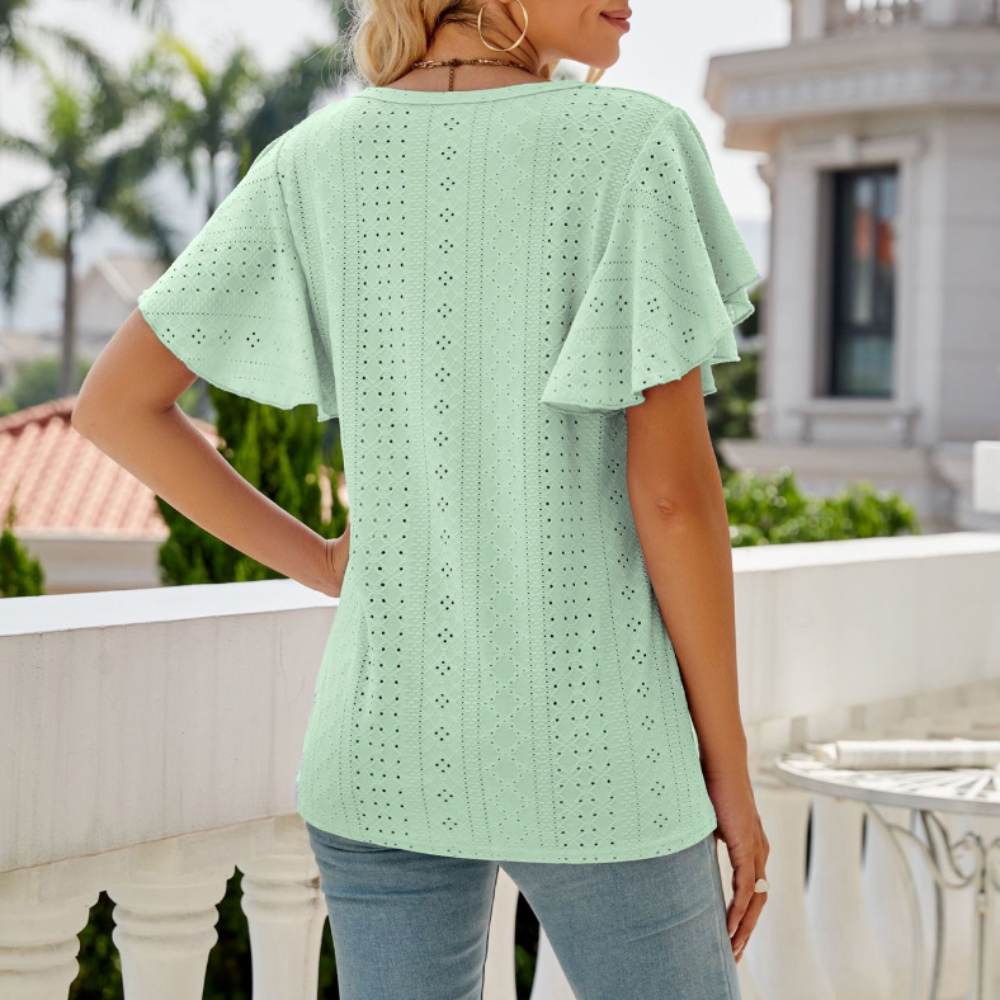 Ruffled Round Neck Top for Women with Cap Sleeves