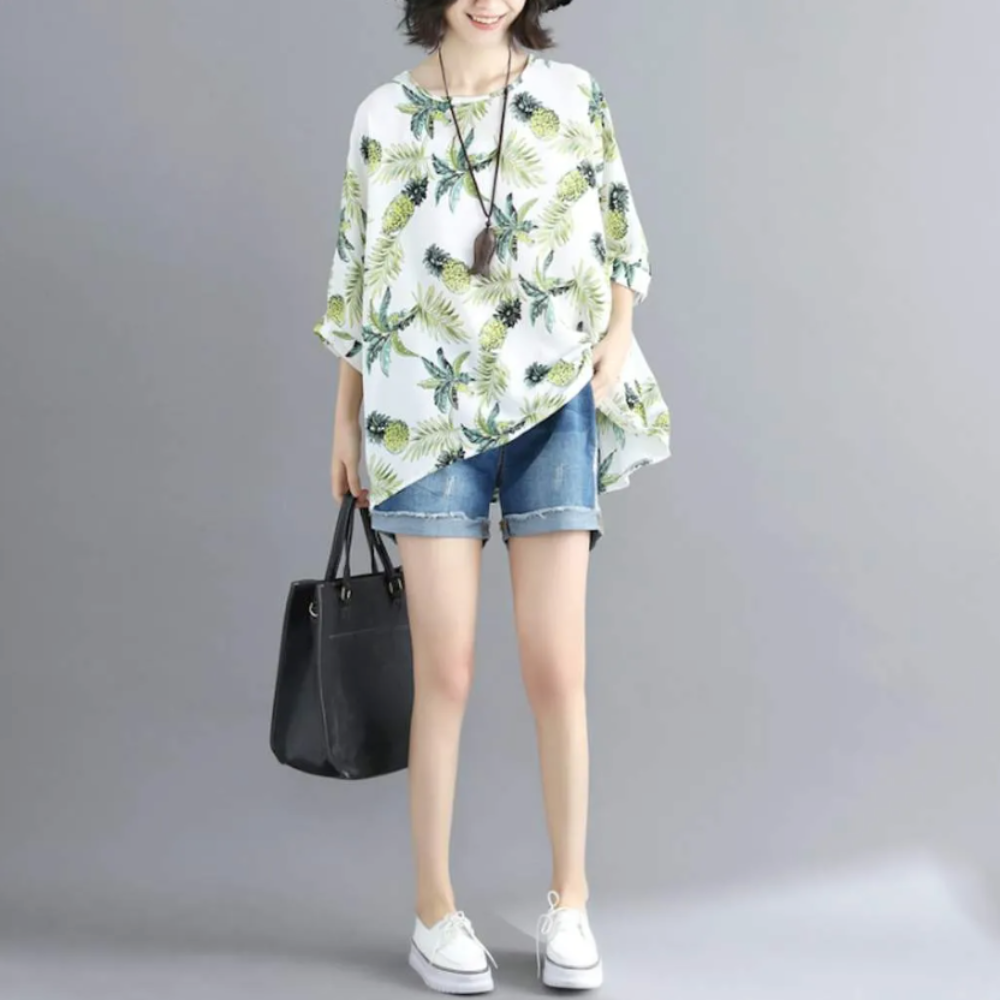 Batwing Top with Tropical Pineapple Print for Women