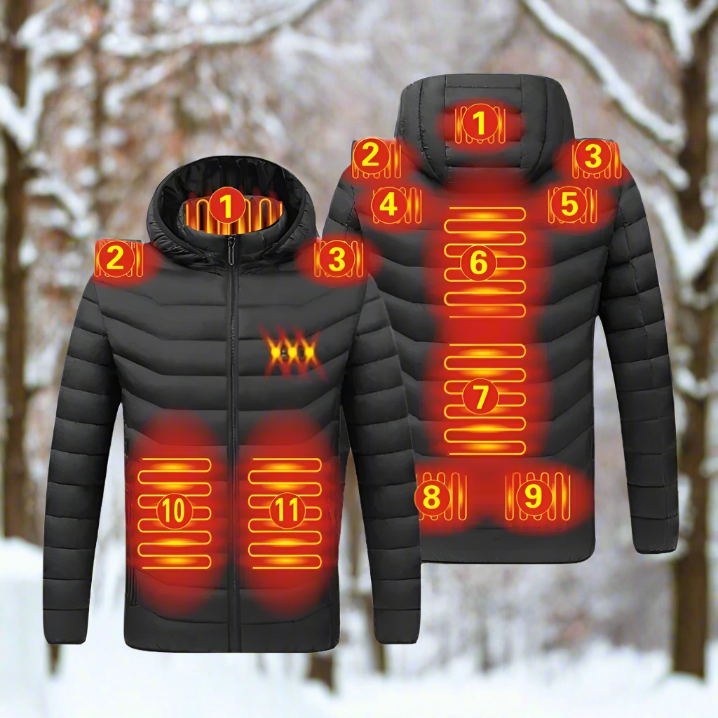 Winter Coat with Detachable Hood and USB-Powered Heating Element for Wind Resistance