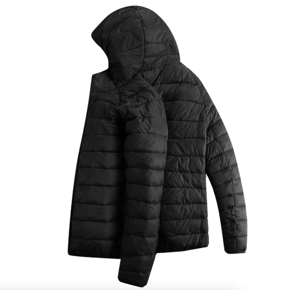 Winter Coat with Detachable Hood and USB-Powered Heating Element for Wind Resistance