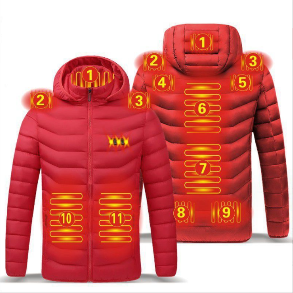 Winter Coat with Detachable Hood and USB-Powered Heating Element for Wind Resistance