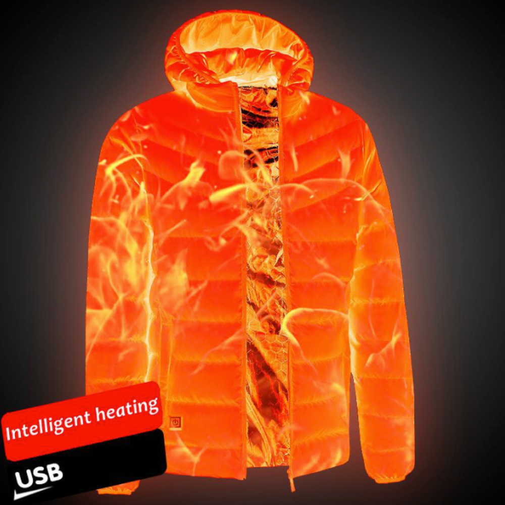 Winter Coat with Detachable Hood and USB-Powered Heating Element for Wind Resistance