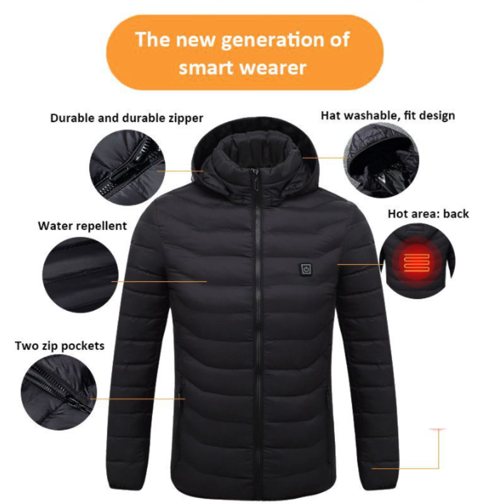 Winter Coat with Detachable Hood and USB-Powered Heating Element for Wind Resistance