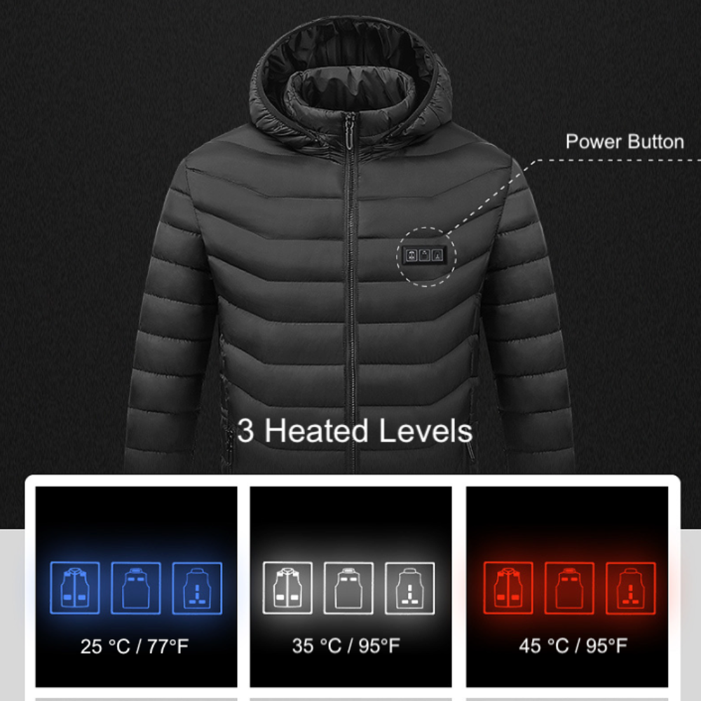 Winter Coat with Detachable Hood and USB-Powered Heating Element for Wind Resistance