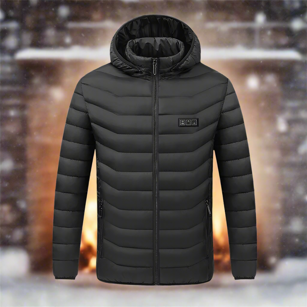 Winter Coat with Detachable Hood and USB-Powered Heating Element for Wind Resistance