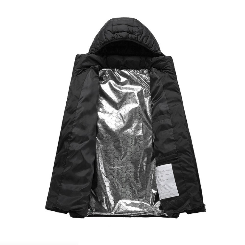 Winter Coat with Detachable Hood and USB-Powered Heating Element for Wind Resistance
