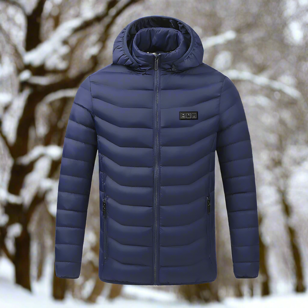 Winter Coat with Detachable Hood and USB-Powered Heating Element for Wind Resistance