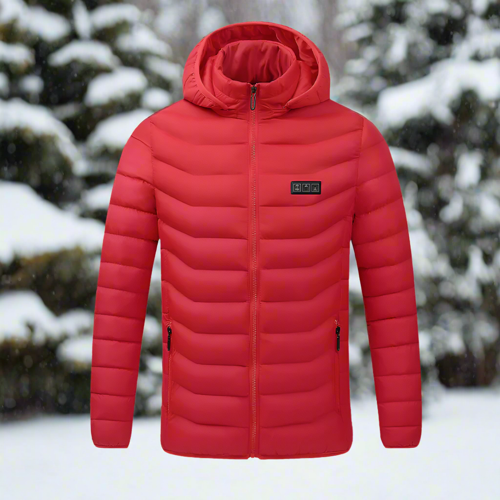 Winter Coat with Detachable Hood and USB-Powered Heating Element for Wind Resistance