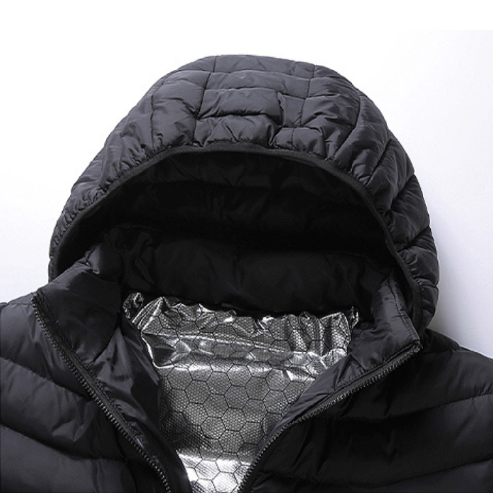Winter Coat with Detachable Hood and USB-Powered Heating Element for Wind Resistance