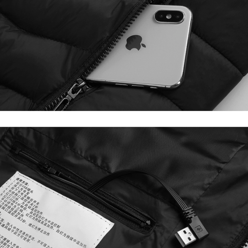 Winter Coat with Detachable Hood and USB-Powered Heating Element for Wind Resistance