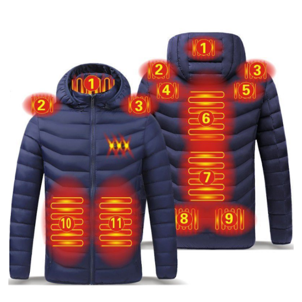 Winter Coat with Detachable Hood and USB-Powered Heating Element for Wind Resistance