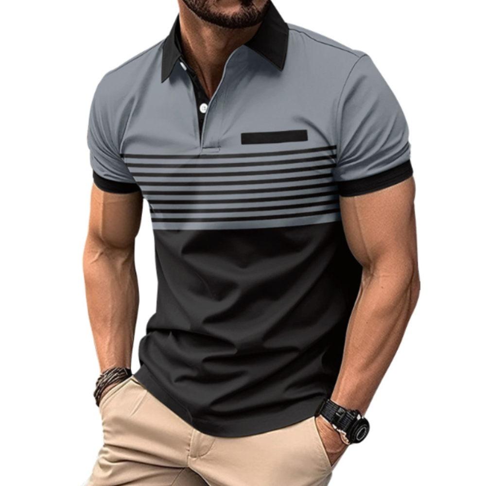 Short Sleeve Casual Polo Shirt with Striped Print for Men
