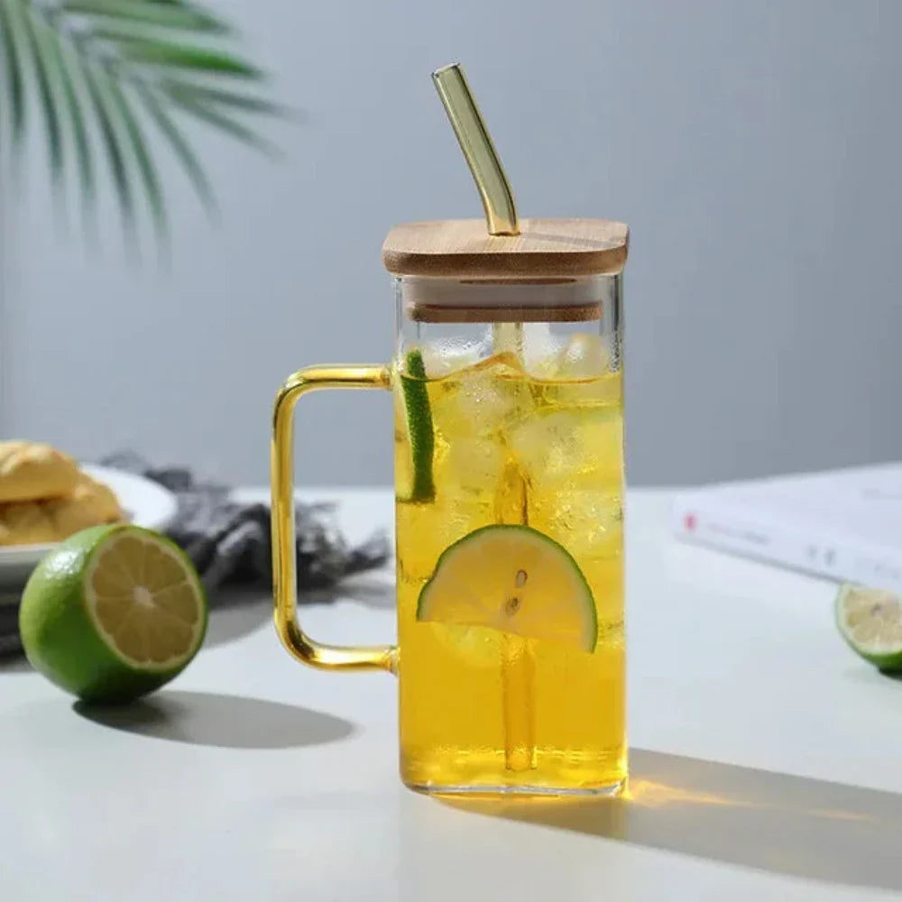 Square Glass Tumbler with Leak-Proof Cover and Eco-Friendly Straw, 400ml Capacity