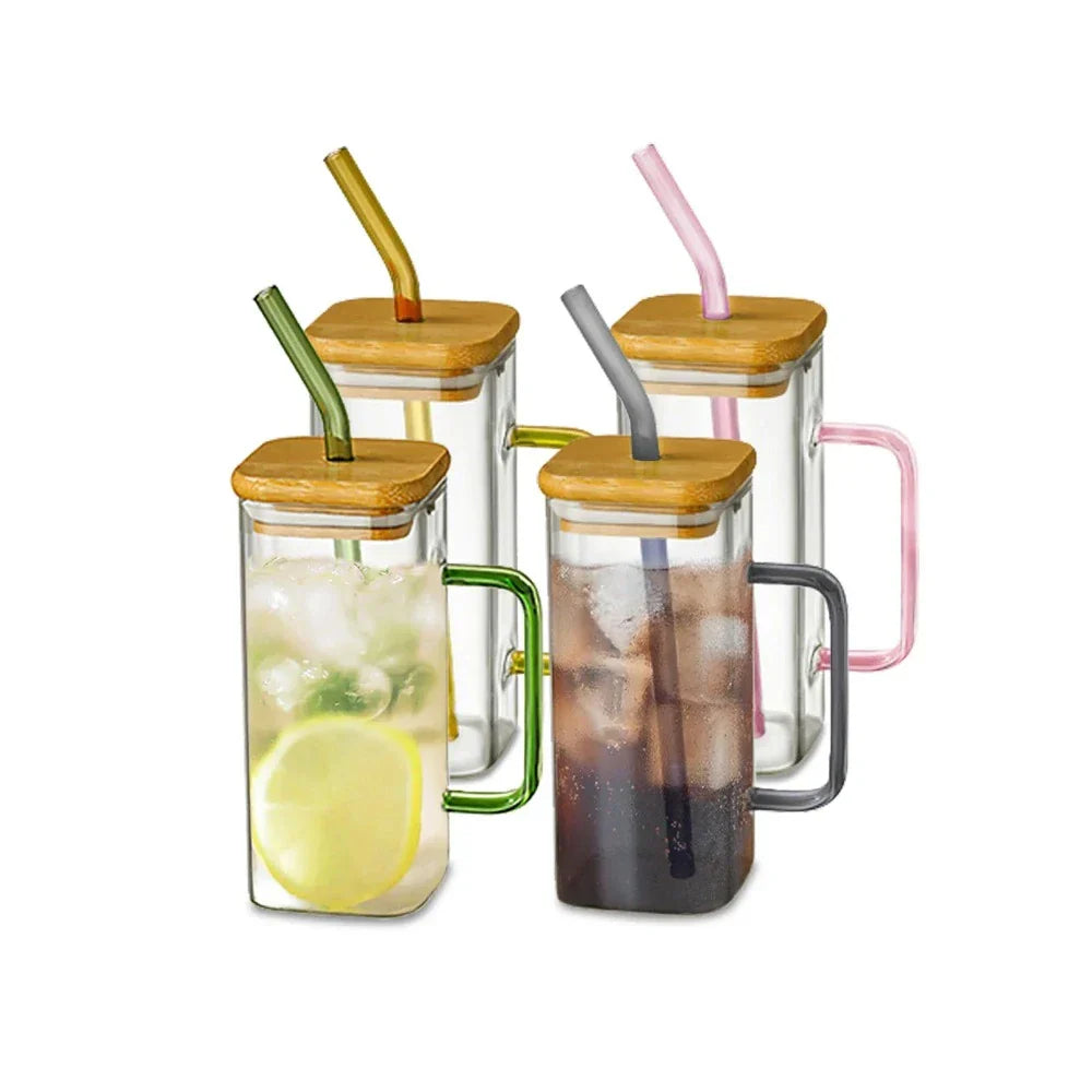 Square Glass Tumbler with Leak-Proof Cover and Eco-Friendly Straw, 400ml Capacity