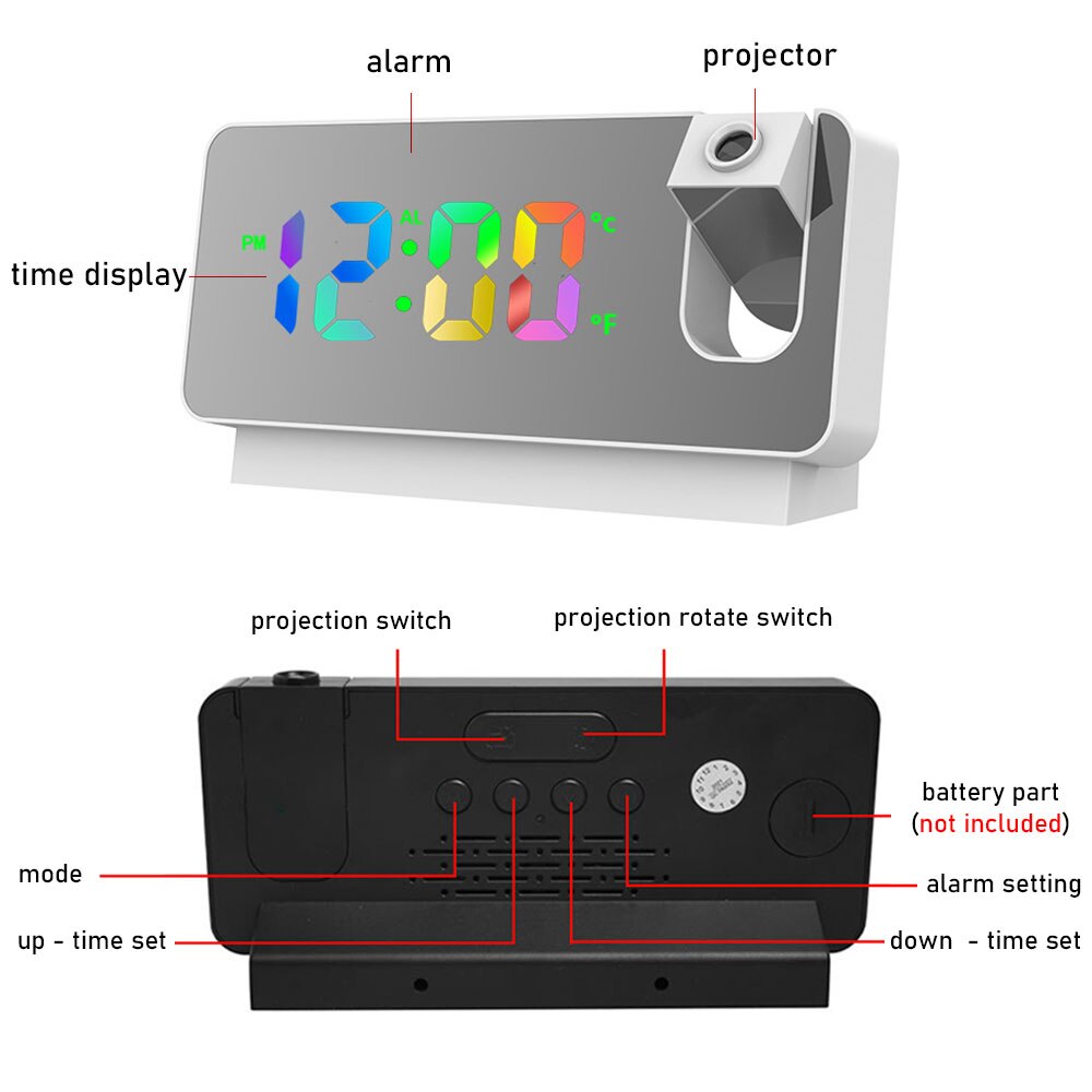 Digital Projection Alarm Clock with Adjustable LED Display