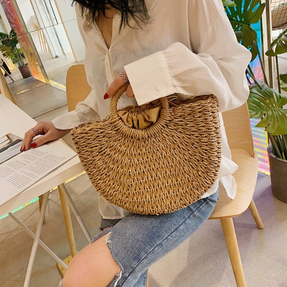Summer Top Handle Circular Straw Bag