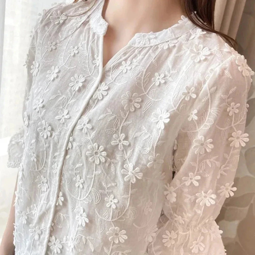 Summer Lace Blouse with Embroidered Floral Design for Women