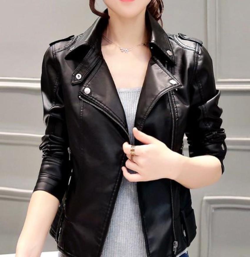 Slim-Fit Faux Leather Biker Jacket with Front Zipper for Women