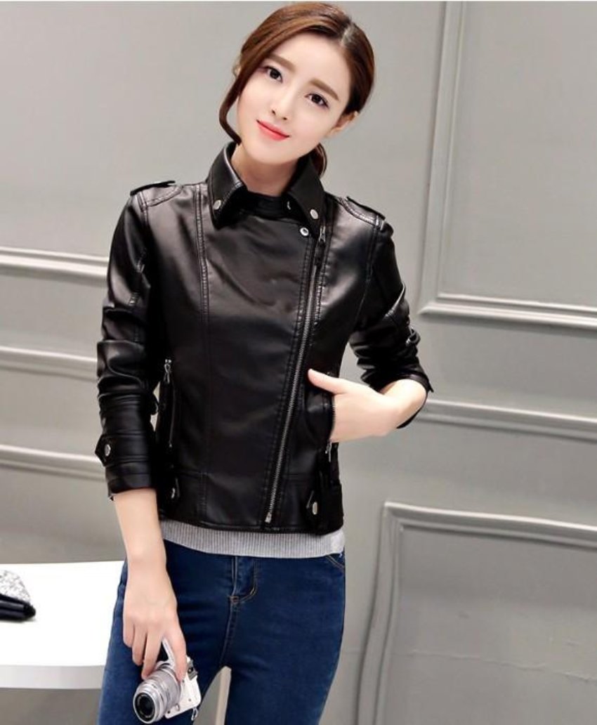 Slim-Fit Faux Leather Biker Jacket with Front Zipper for Women
