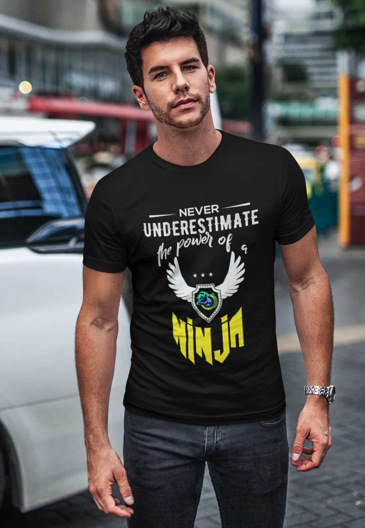 Short Sleeve T-Shirt with Yellow Ninja Emblem