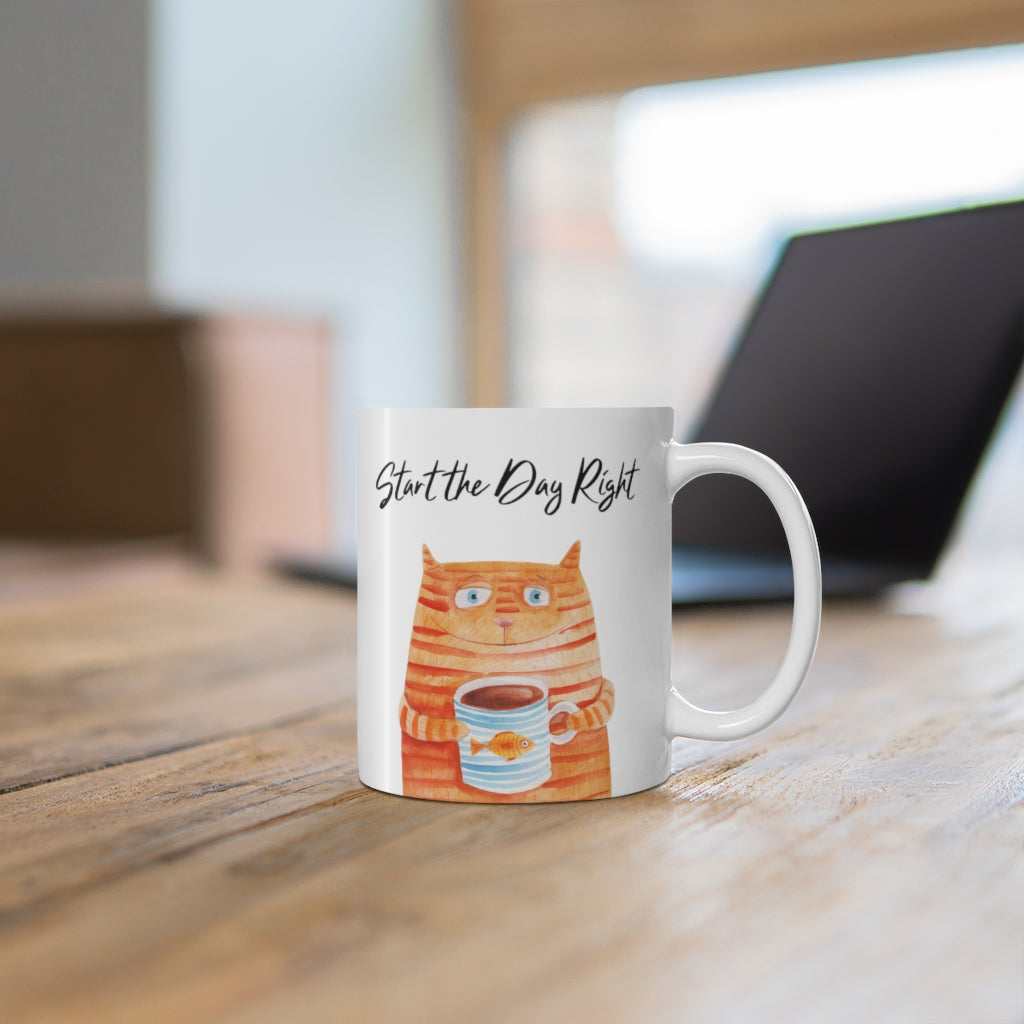 Start Your Day Off Right with the Cat Holding Goldfish Coffee Tea Mug