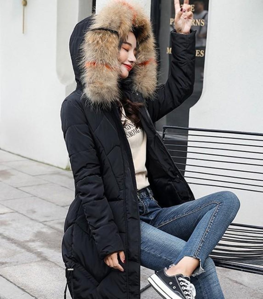 Pink Casual Puffer Jacket for Women with Faux Fur Trimmed Hood