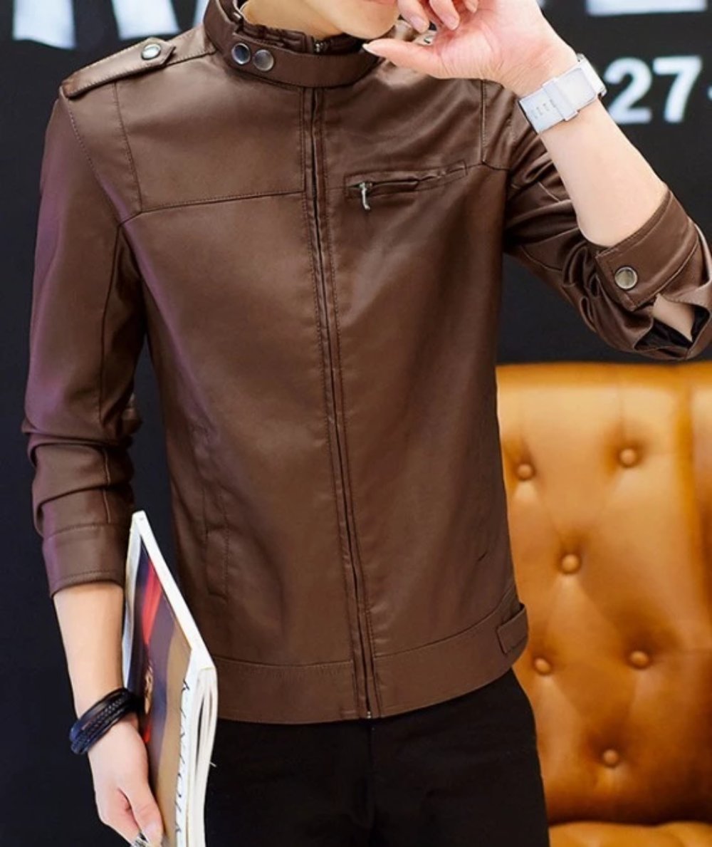 Faux Leather Motorcycle Jacket with Stand Collar for Men